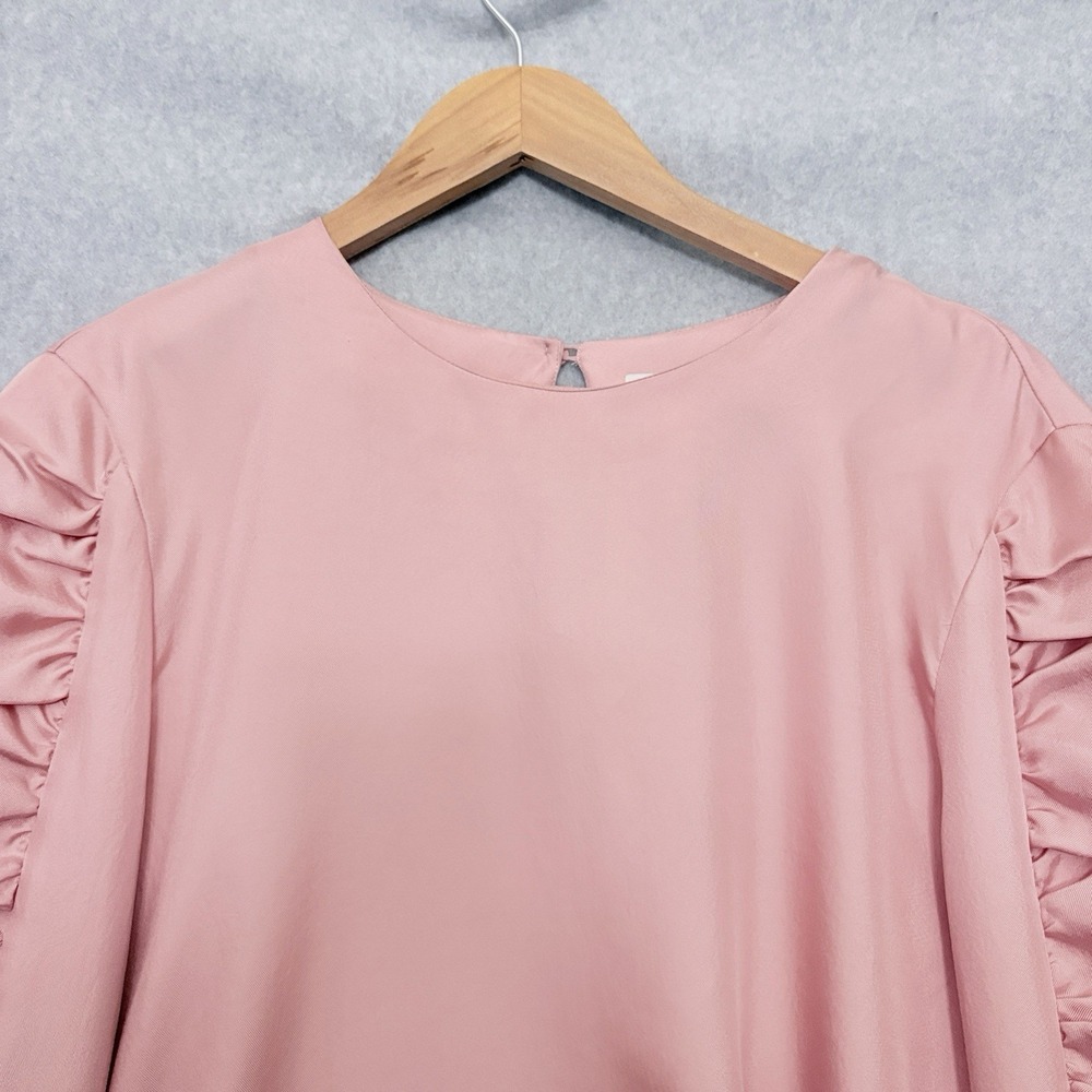 Tibi Mendini Blouse Size 12 Shirred Long Sleeve Satin Shirt Pink Blush Feminine - Picture 3 of 7